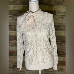 Zara See Through Lace Button Down Blouse with Tie
